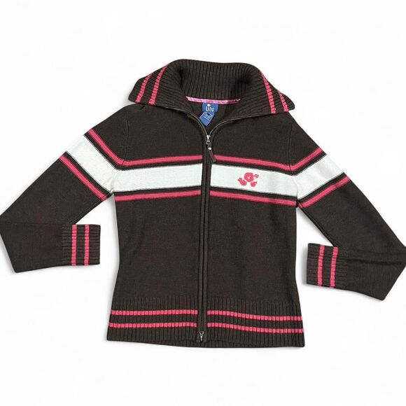 Y2K Vintage Lilu pink, white, and, brown full zip-up striped sweater. Large. - Picture 1 of 4